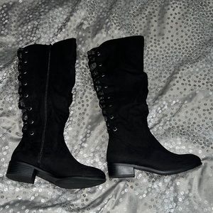2/$20 NWOT knee height suede short heeled black & gray faux lace up boots 7